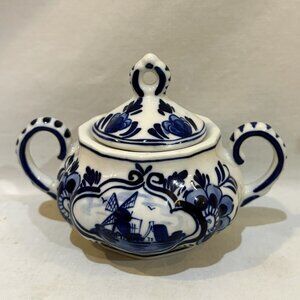 Delft Blue DAIC Ceramic Lidded Sugar Bowl Condiment Jar Hand Painted Windmill